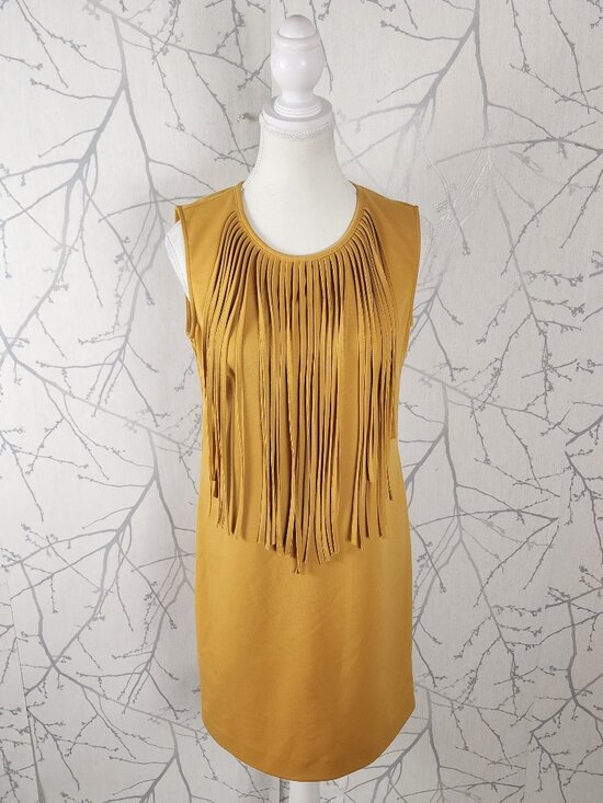 Minkas Dresses & Skirts - Minkas Yellow Stretch Knit Round Neck Fringe Dress